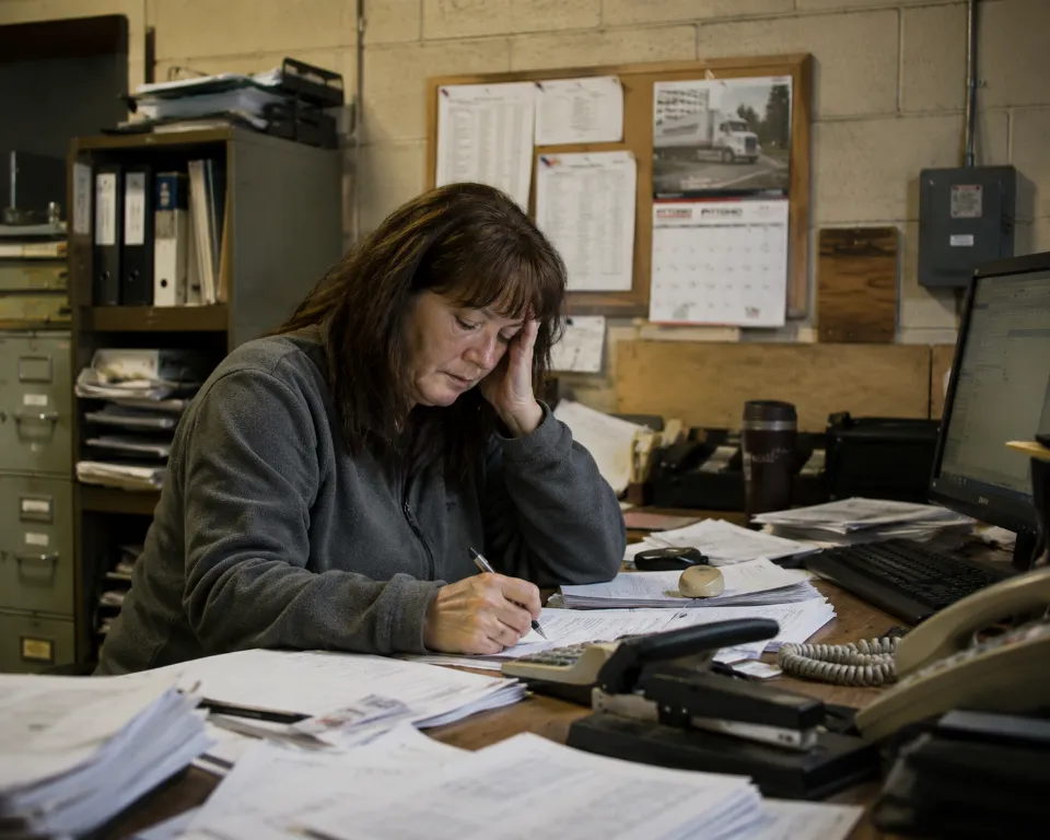 A credit manager working through paper invoices at a desk