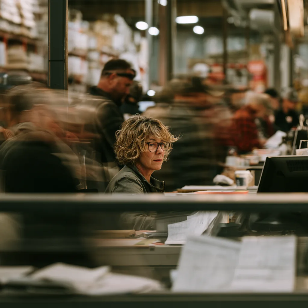 A credit manager working through paper invoices at a busy distributor branch counter